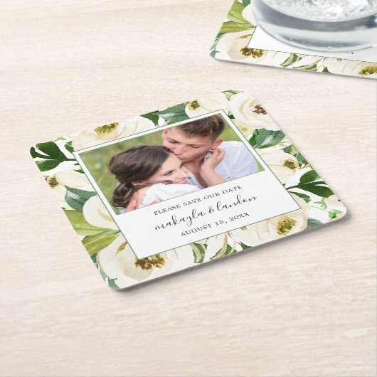 白いエレガントフローラ写真の保存日付 スクエアペーパーコースター (アングル)