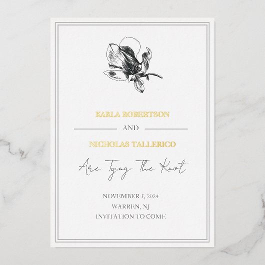 白いエレガントフローラ日付フォイルカードを保存 箔招待状 (正面)