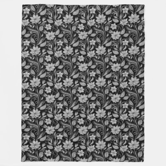 白いエレガントフローラ輪郭の黒い毛布 フリースブランケット (正面)