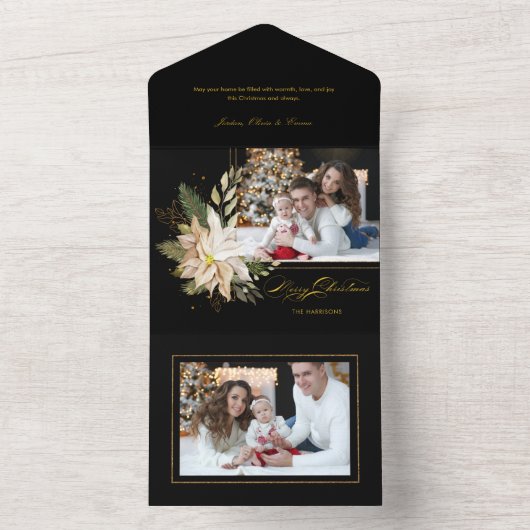 白いエレガントポインセチアと金ゴールドの緑の写真 オールインワン招待状 (内側)