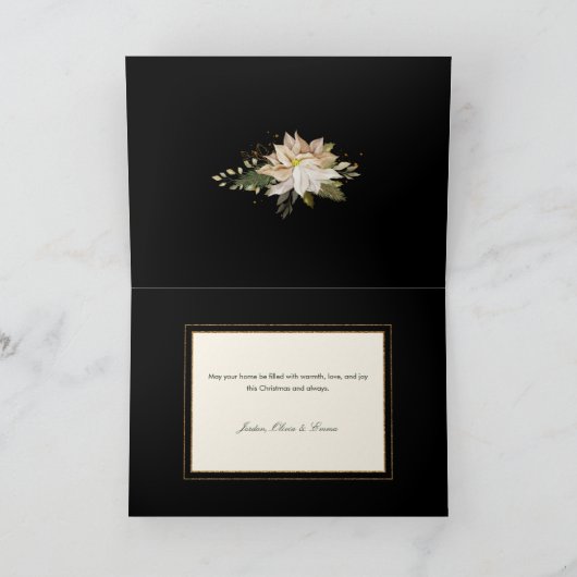 白いエレガントポインセチアと金ゴールドの緑の写真 シーズンカード (内部)
