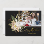 白いエレガントポインセチアと金ゴールドの緑の写真 シーズンカード (正面)