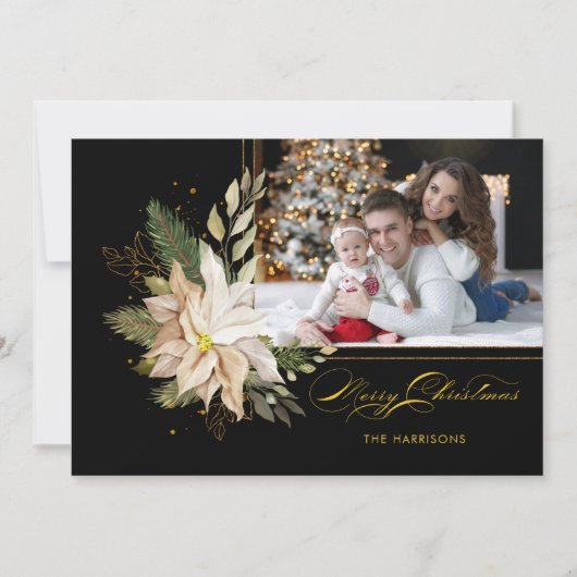 白いエレガントポインセチアと金ゴールドの緑の写真 シーズンカード (正面)