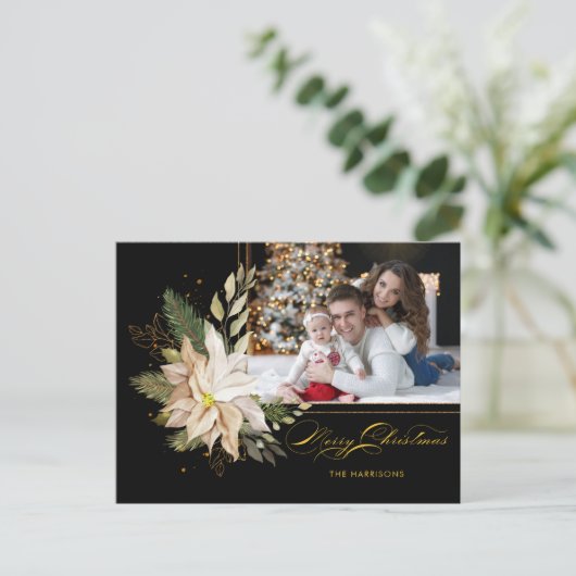 白いエレガントポインセチアと金ゴールドの緑の写真 シーズンポストカード (スタンド正面)
