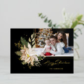 白いエレガントポインセチアと金ゴールドの緑の写真 箔シーズンカード (立ち正面)