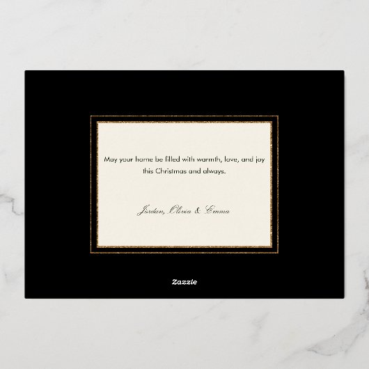 白いエレガントポインセチアと金ゴールドの緑の写真 箔シーズンカード (裏面)