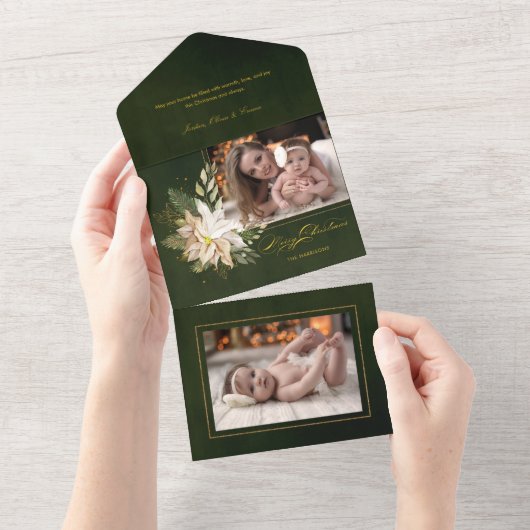 白いエレガントポインセチアと金ゴールド緑の写真アル オールインワン招待状 (貼ってはがせる)