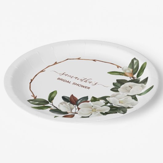 白いエレガントマグノリアの花、ブライダルシャワー ペーパープレート (アングル)