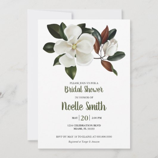 白いエレガントマグノリアの花、ブライダルシャワー 招待状 (正面)