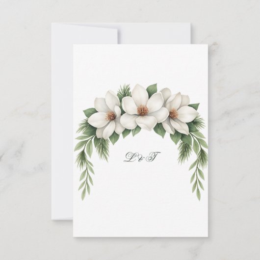 白いエレガントマグノリア冬のウェディングパインツリー サンキューカード (裏面)