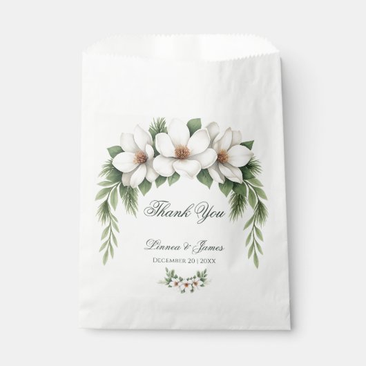 白いエレガントマグノリア冬のウェディングパインツリー フェイバーバッグ (正面)