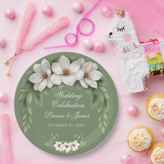 白いエレガントマグノリア冬のウェディングパインツリー ペーパープレート (パーティー)