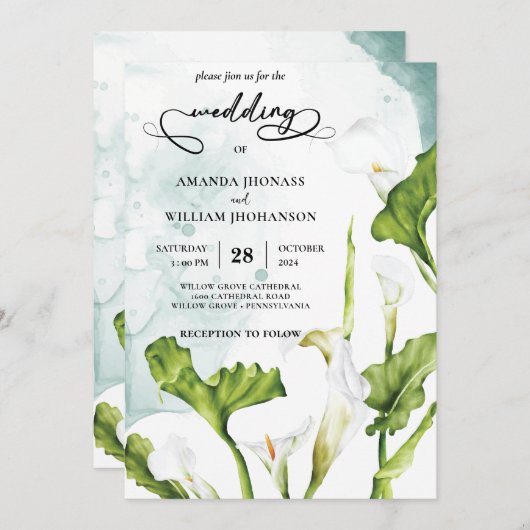 白いエレガントユリの花の水色 招待状 (正面/裏面)