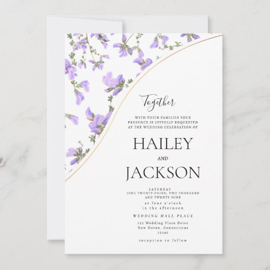 白いエレガントラベンダーの金ゴールドの結婚花 招待状 (正面)