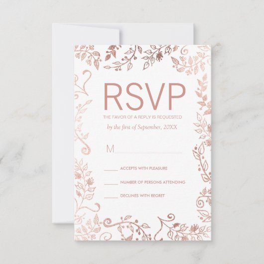 白いエレガントローズ金ゴールドフローラRSVPカード 出欠カード (正面)