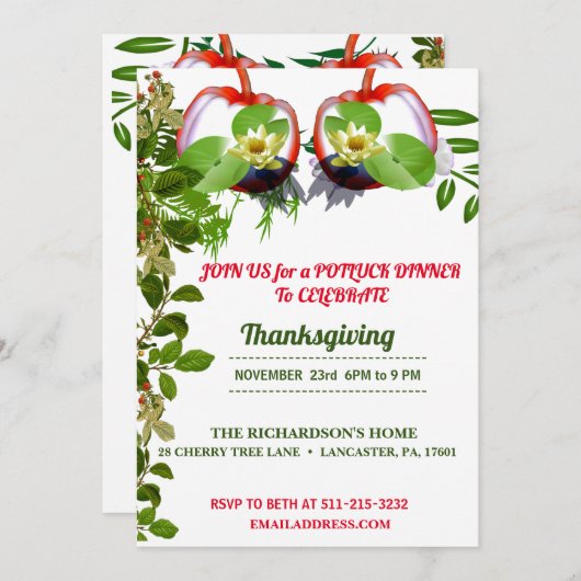 白いエレガントロータスカボチャ感謝祭ディナー 招待状 (正面/裏面)