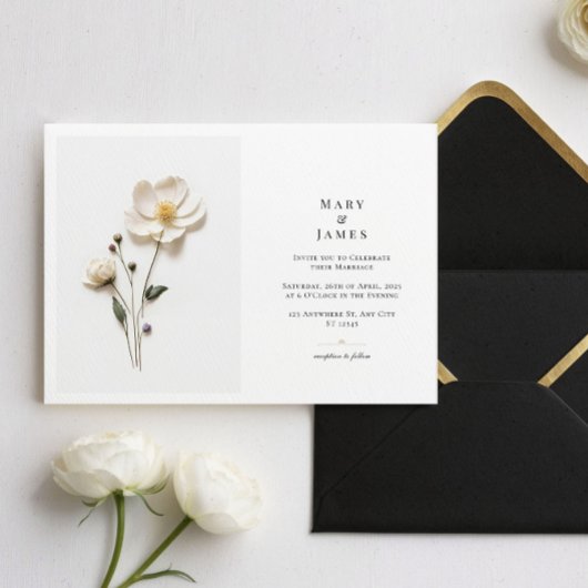 白いエレガントワイルドフラワー横向きラブレ結婚ス 招待状