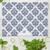 白いエレガントヴィンテージダマスクのネイビーブルー キッチンタオル (折り畳み)