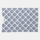 白いエレガントヴィンテージダマスクのネイビーブルー キッチンタオル (横)