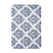 白いエレガントヴィンテージダマスクのネイビーブルー バスマット (正面縦)