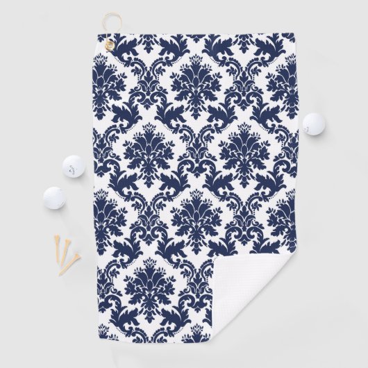 白いエレガントヴィンテージフローラマスクのネイビーブルー ゴルフタオル