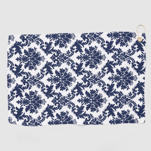 白いエレガントヴィンテージフローラマスクのネイビーブルー ゴルフタオル (横)