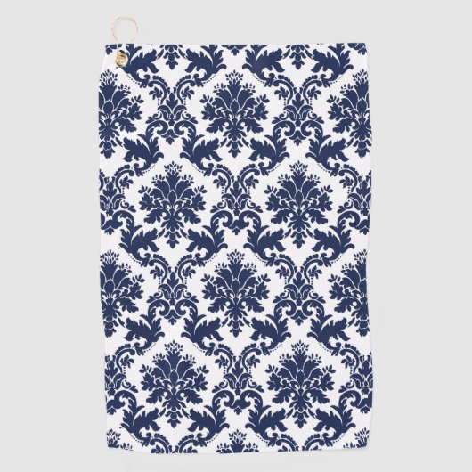 白いエレガントヴィンテージフローラマスクのネイビーブルー ゴルフタオル (正面)