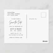 白いエレガント写真結婚式の日付を保存 ポストカード (裏面)