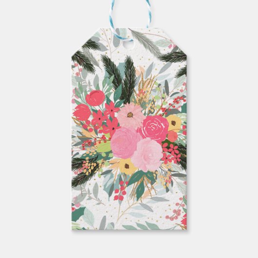 白いエレガント冬のフローラと金ゴールドグリッタードット ギフトタグ (正面)