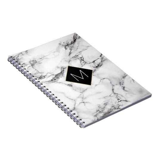 白いエレガント大理石のテクスチャに黒のモノグラム ノートブック (右側)