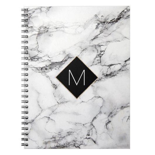 白いエレガント大理石のテクスチャに黒のモノグラム ノートブック (正面)