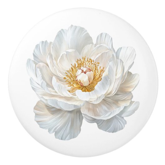 白いエレガント牡丹の花のフランスの農家 セラミックノブ (正面)