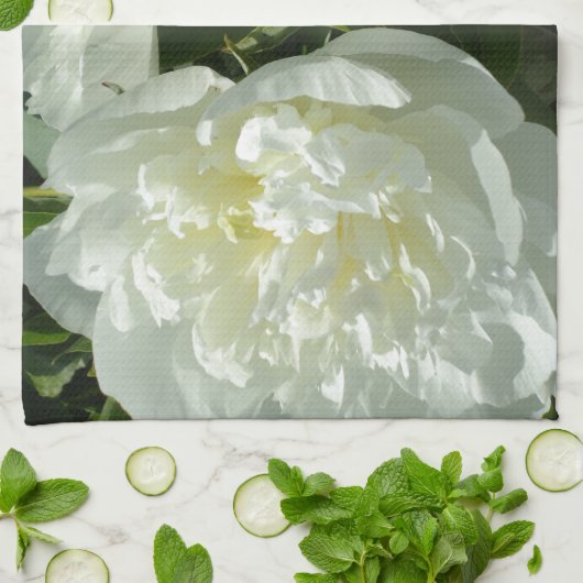 白いエレガント牡丹フローラ白い花写真 キッチンタオル (折り畳み)