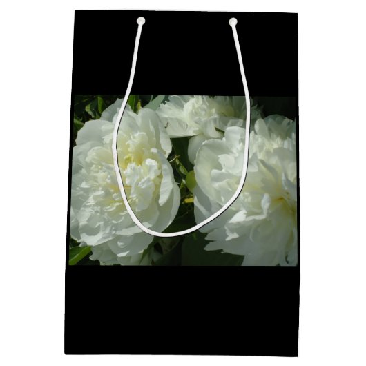 白いエレガント牡丹フローラ白い花写真 ミディアムペーパーバッグ (裏面)