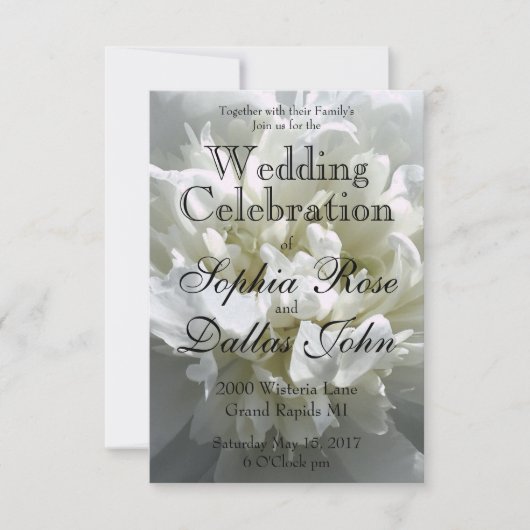 白いエレガント牡丹フローラ白い花写真 招待状 (正面)