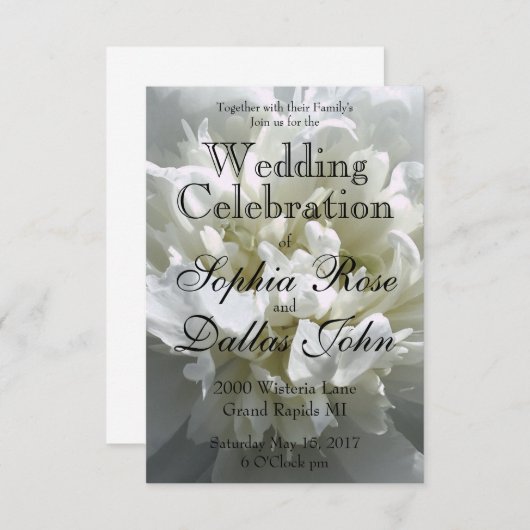 白いエレガント牡丹フローラ白い花写真 招待状 (正面/裏面)