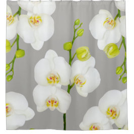 白いエレガント蘭とライトグレー シャワーカーテン