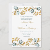 白いエレガント金ゴールドは灰色がかったシ結婚ア色の葉 招待状 (正面)