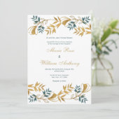 白いエレガント金ゴールドは灰色がかったシ結婚ア色の葉 招待状 (スタンド正面)