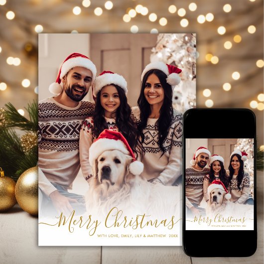 白いエレガント金ゴールドスクリプト2写真クリスマス シーズンカード