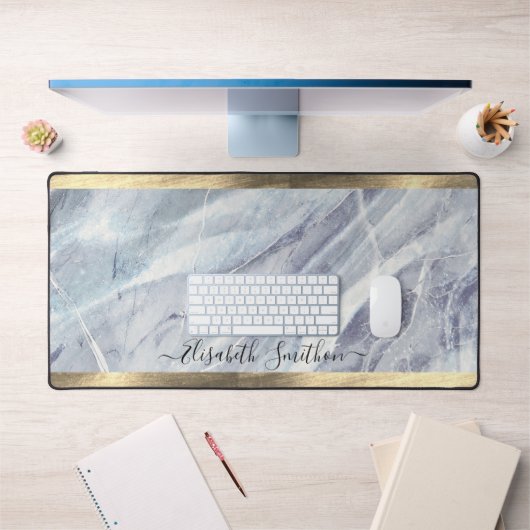 白いエレガント金ゴールドダスティブルーあなたの名前を追加Marble デスクマット (オフィス1)