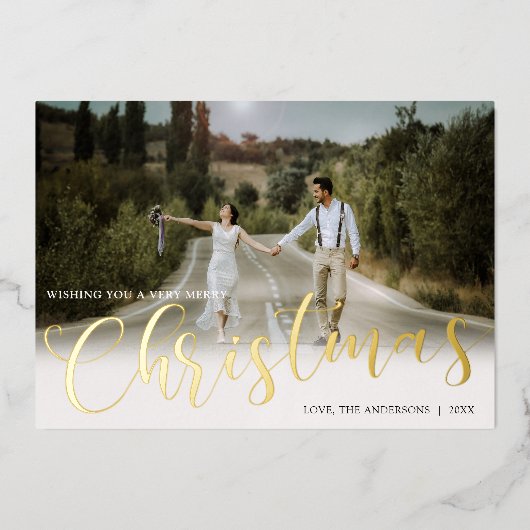 白いエレガント金ゴールドフォイル写真クリスマス 箔シーズンカード (正面)