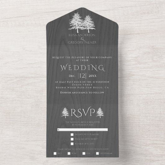 白いエンボスの木の灰色の木の冬の結婚式 オールインワン招待状 (内側)