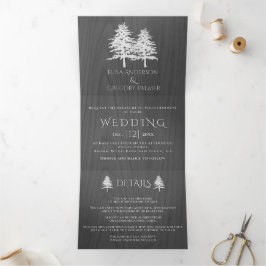 白いエンボスの木の灰色の木の冬の結婚式 三つ折り招待状