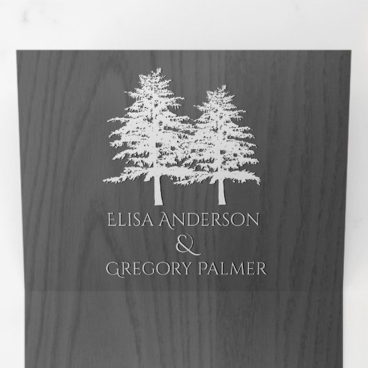 白いエンボスの木の灰色の木の冬の結婚式 三つ折り招待状 (内部最初)