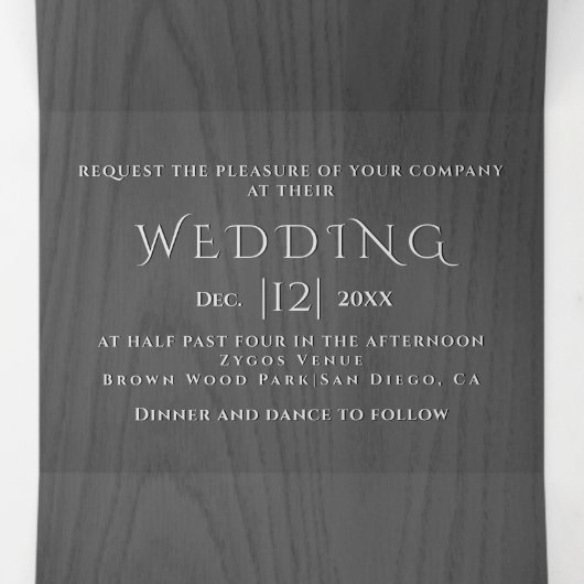 白いエンボスの木の灰色の木の冬の結婚式 三つ折り招待状 (内部中)