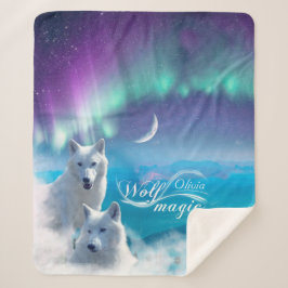 白いオオカミと北の光のペア シェルパブランケット