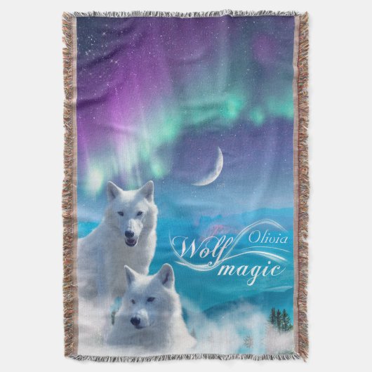 白いオオカミと北の光のペア スローブランケット (正面縦)