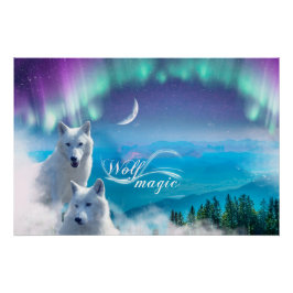 白いオオカミと北の光のペア ポスター