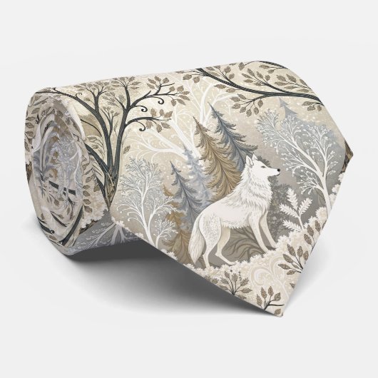 白いオオカミの穏やかな冬の森の風景 ネクタイ (ロール)